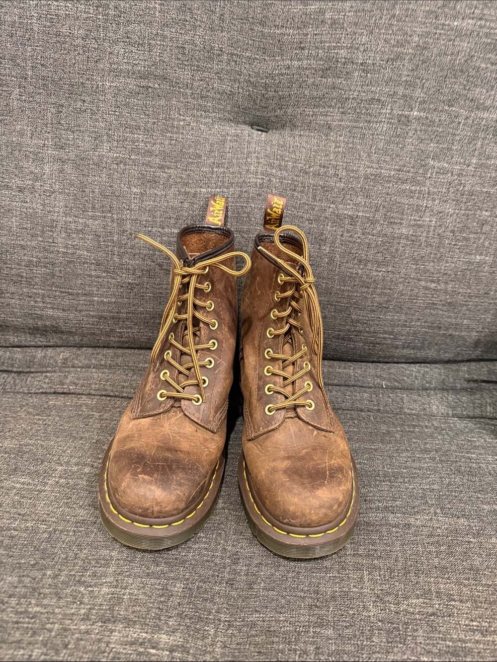 Dr. Martens Brown Leather Lace-Up Boots with Yellow Stitching